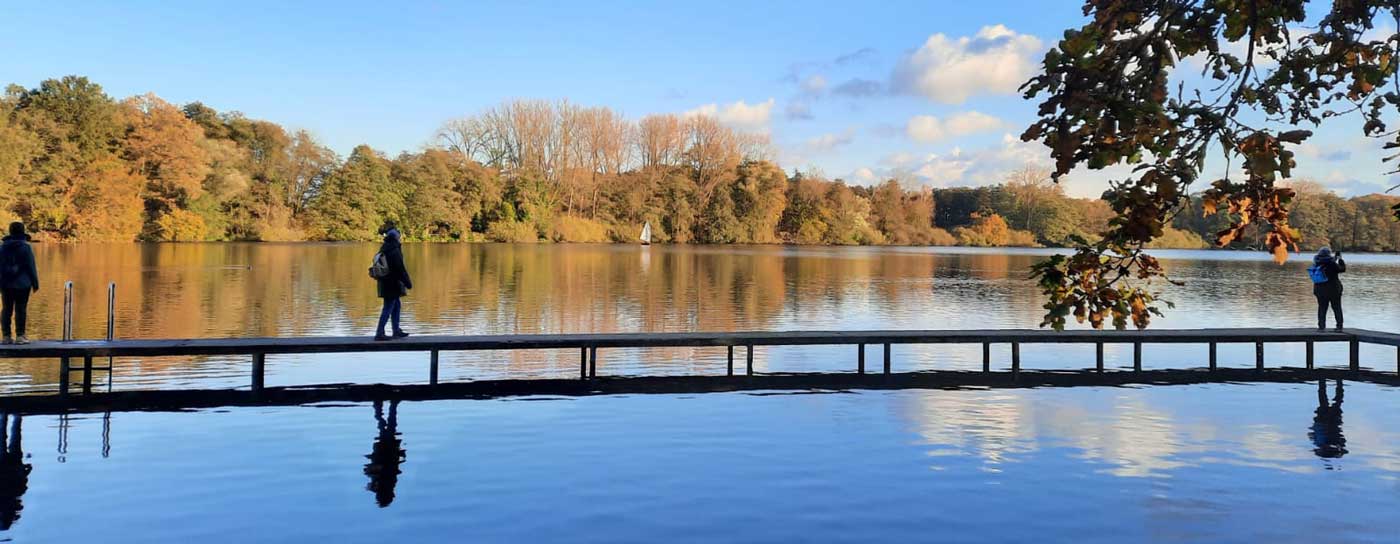 Langer Steg über den See im Nettetal im Herbst – Teilnehmerinnen unterwegs in der Natur